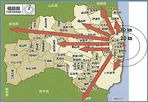 福島県内の地図。福島第一原子力発電所を中心に20km圏、30km圏を表示。